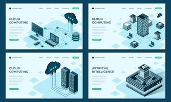 Set of isometric landing page template. Modern technology concept for cloud computing and artificial intelligence technology vector