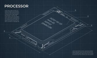 Isometric processor blueprint. Central processing unit or CPU. Computer hardware components. Semiconductor technology concept. vector