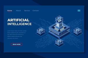 Artificial intelligence isometric landing page. AI technology. Artificial intelligence chip. Machine learning technology concept. Isometric vector