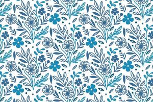 blue flower line pattern with abstract hand drawn leaves and floral details for table top and textile uses vector