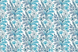 continuous blue line art floral sketch pattern in repeat for fashion accessories textile print and packaging use vector