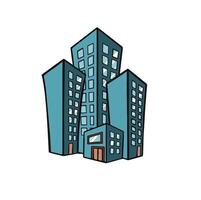 Business center isometric, glass-designed building, trees and parking space in front of it, represented on illustration isolated on white. vector