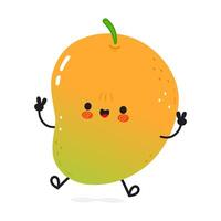 An adorable cartoon Mango, offering a peace sign with a cheerful and joyful expression on a white backdrop. vector