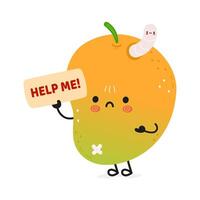 A cartoon Mango fruit character holding a help sign with a worm inside it, needing assistance. vector