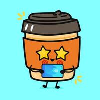 An adorable Coffee cup character using a tablet with star eyes and a big smile on a bright blue background. vector