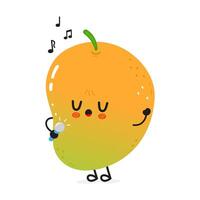 A charming Mango character sings a song into a microphone with musical notes floating around it on a white background. vector