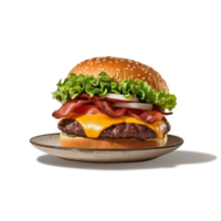 Delicious and appetizing bacon cheeseburger served on a rustic plate png