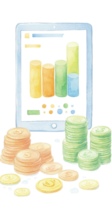 Financial Growth Visualized Tablet Displaying Financial Charts and Stacks of Coins Representing Investment Success and Wealth Accumulation png