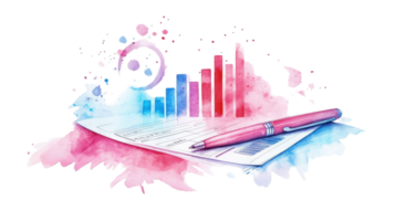 Abstract Watercolor Business Report with Pink Pen and Bar Graph Data Visualization png