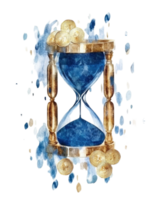Time is Money Watercolor Hourglass with Gold Coins Illustrating the Passage of Time and the Value of Wealth png