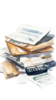 A Watercolor Painting of a Stack of Bills and Tax Documents with a Calculator png