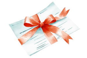A Watercolor Illustration of a Gift Wrapped Letter Tied with a Coral Ribbon Bow, a Festive and Elegant Design png