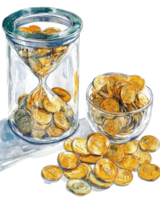 Watercolor Illustration of Coins in Hourglass and Bowl png