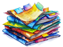 uma vibrante aguarela pilha do colorida livros e cadernos transbordante com conhecimento e criatividade png