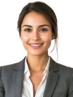 Portrait Of A Smiling Young Businesswoman In A Gray Suit With Transparent Background png