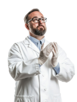 Professional Scientist in White Lab Coat with Glasses and Gloves Looking Upwards with Hands Clasped png