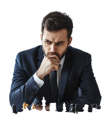 Serious Businessman In A Suit Thinking Over A Chess Game With A Chessboard On A Transparent Background png
