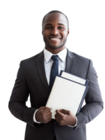 Smiling Black Man in Formal Suit Holding Documents on Transparent Background png