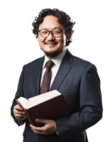 Smiling Asian Man In Formal Suit Holding Open Book With Transparent Background png