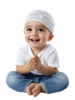 Smiling Baby Girl Sitting and Looking Up with Hands Together on Transparent Background png