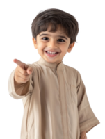Smiling Boy In Traditional Attire Pointing Forward With Brown Hair Isolated On Transparent Background png
