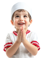 Smiling Boy In White Religious Attire With Hands Together Against Transparent Background png