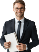 Smiling Businessman In Suit And Glasses Holding Notebook Against Transparent Background png