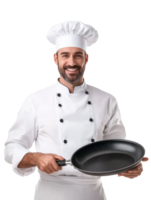 Chef In White Uniform Holding Frying Pan Against Transparent Background png