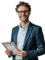 Smiling Businessman in Blue Suit Holding Clipboard with Charts and Graphs png