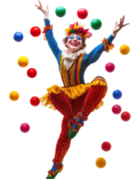 Smiling Clown Juggling Colorful Balls Against Transparent Background with Dynamic Pose and Festive Costume png