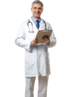 Smiling Doctor Holding Clipboard With Stethoscope Against Transparent Background png