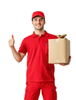 Smiling Delivery Man In Red Uniform Holding Package And Giving Thumbs Up On Transparent Background png