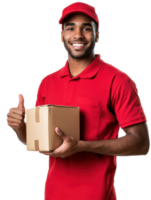 Smiling Delivery Person in Red Uniform Holding Cardboard Box with Thumbs Up on Transparent Background png