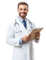 Smiling Doctor in White Coat Holding Clipboard with Pen Isolated on Transparent Background png