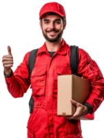 Smiling Delivery Man In Red Uniform Holding Cardboard Box With Thumbs Up Gesture Against Transparent Background png