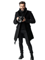 Smiling Man In Black Outfit Holding Camera on Transparent Background png