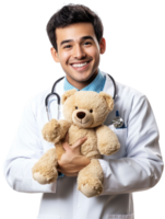 Smiling Doctor Holding Teddy Bear In White Coat with Stethoscope on Transparent Background png