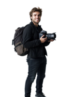 Smiling Man with Camera Backpack Posing Isolated on Transparent Background png