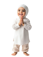 Smiling Toddler In White Attire With Hands Clasped On Transparent Background Studio Shot png