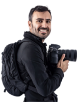 Smiling Man with Backpack Holding DSLR Camera with Black Jacket Isolated on Transparent Background png