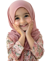 Smiling Girl in Pink Headscarf and Floral Dress Holding Face in Front of Transparent Background png