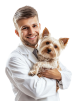 Smiling Man in White Coat Hugging Yorkshire Terrier with Transparent Background png