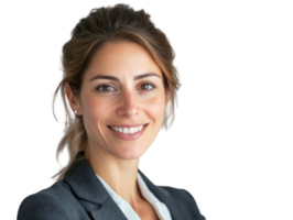Smiling Woman Portrait Wearing Gray Blazer Isolated on Transparent Background png
