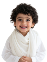 Smiling Young Child Portrait with White Clothing and Scarf on Transparent Background png