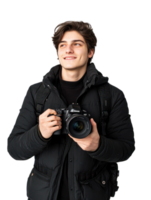 Smiling Young Man Photographer in Black Winter Coat Holding Digital Camera with Transparent Background png