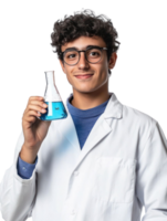 Smiling Young Scientist in Eyeglasses Holding Flask with Blue Liquid png
