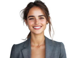 Smiling Young Woman Portrait in Gray Suit with Transparent Background png