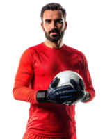 Soccer Goalkeeper In Red Uniform Holding Soccer Ball With Focused Expression On Transparent Background png