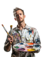 Thoughtful Artist With Paintbrushes and Palette in a Shirt Covered in Colorful Splatters png