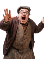 Startled Man with Glasses and a Hat in Alarmed Expression with Open Mouth and Outstretched Arms in Transparent Background png